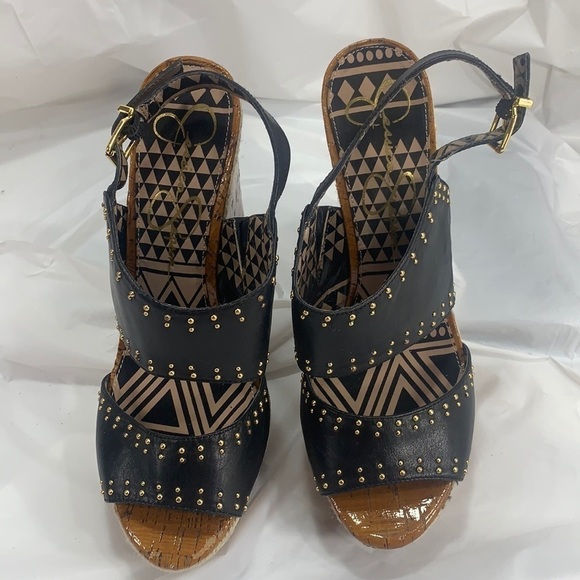 JESSICA Simpson Geno Cork look Platform Wedge Leather Studded Buckle Size 10B - Picture 8 of 12